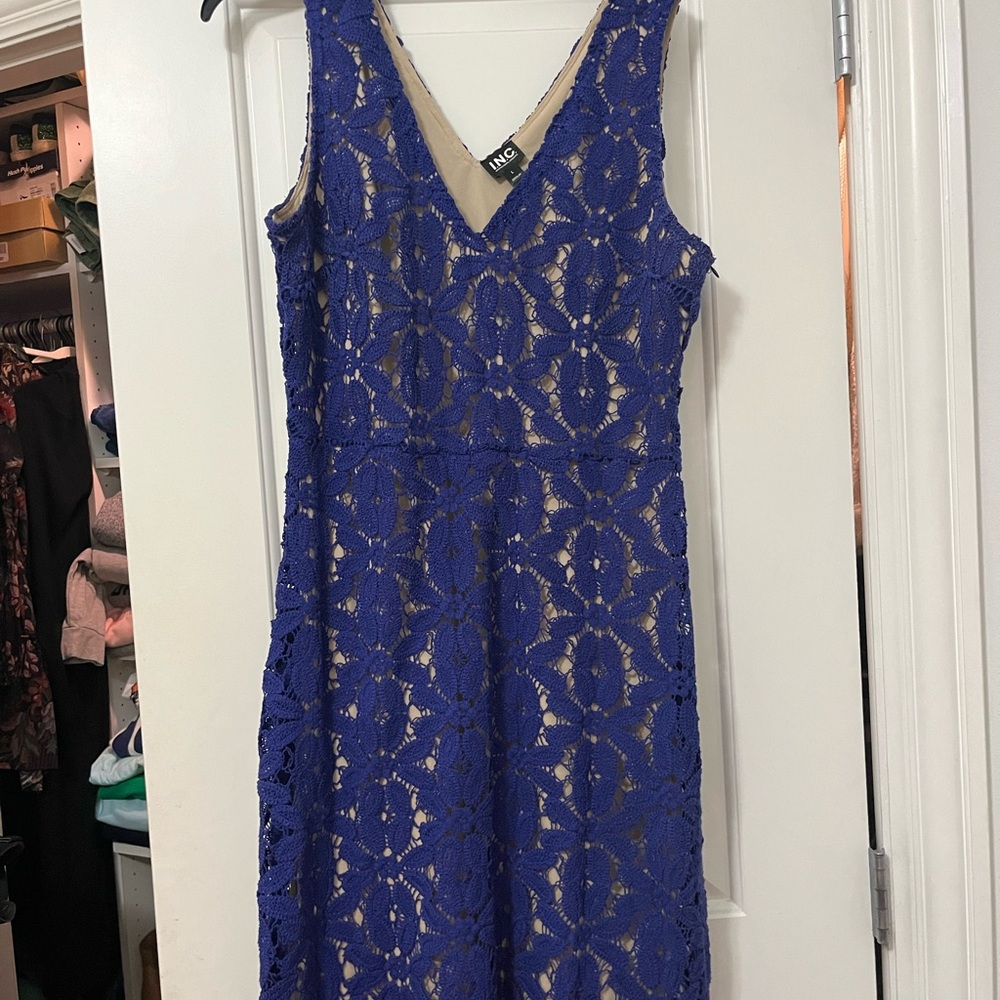INC International Concepts Cobalt Blue Floral Lace Midi Dress